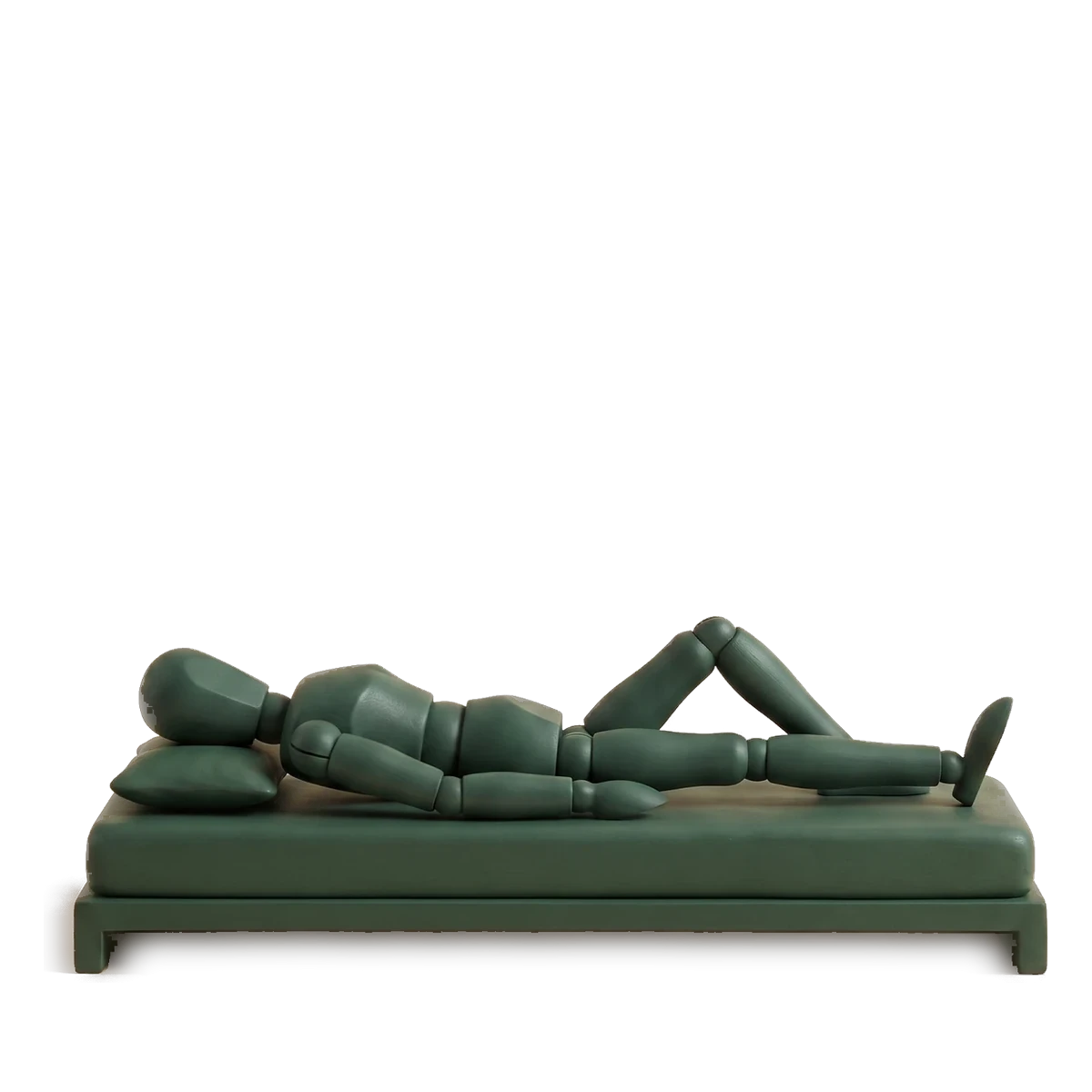 A clay figure in bed, with the places it aches marked