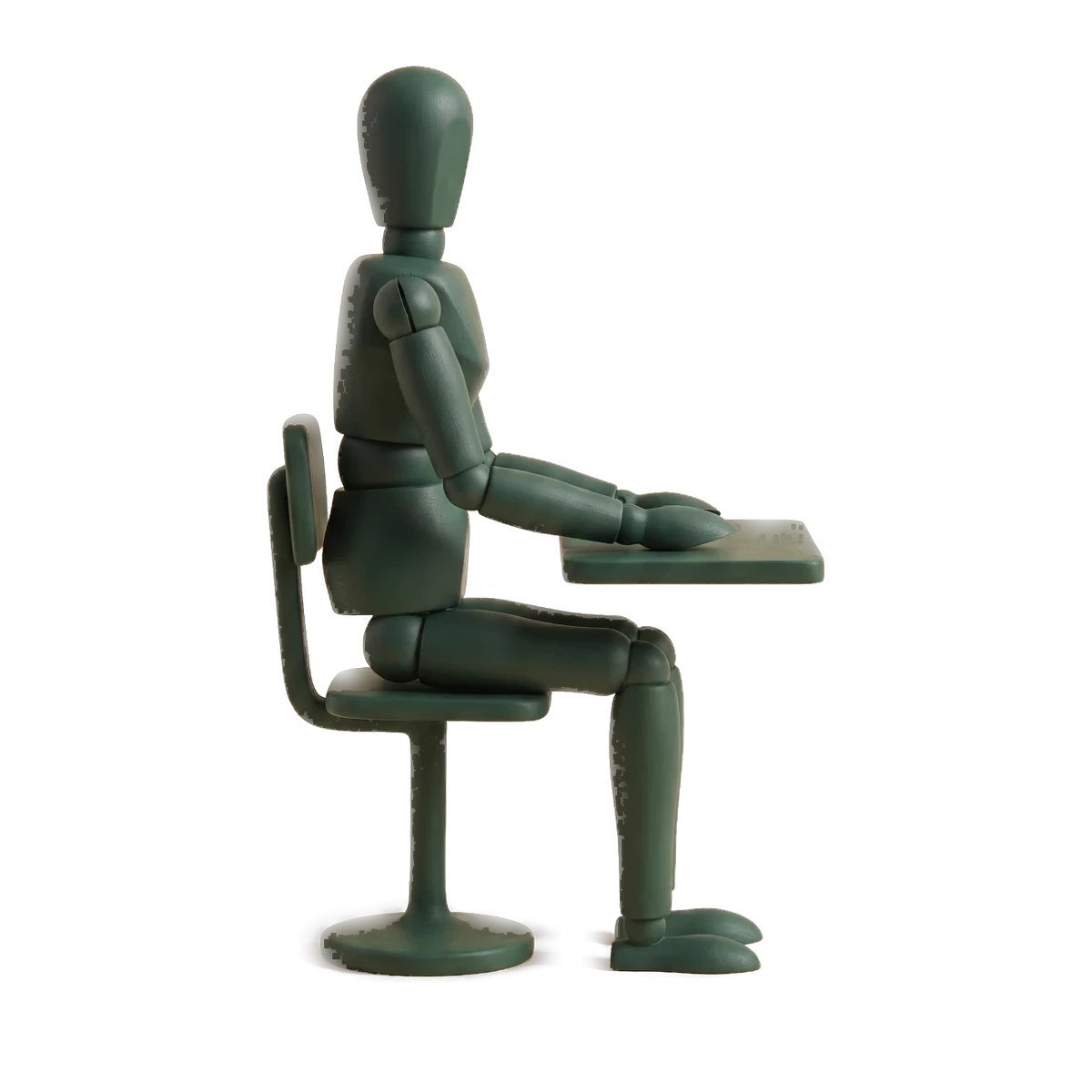 A clay figure at the desk, with the places it aches marked
